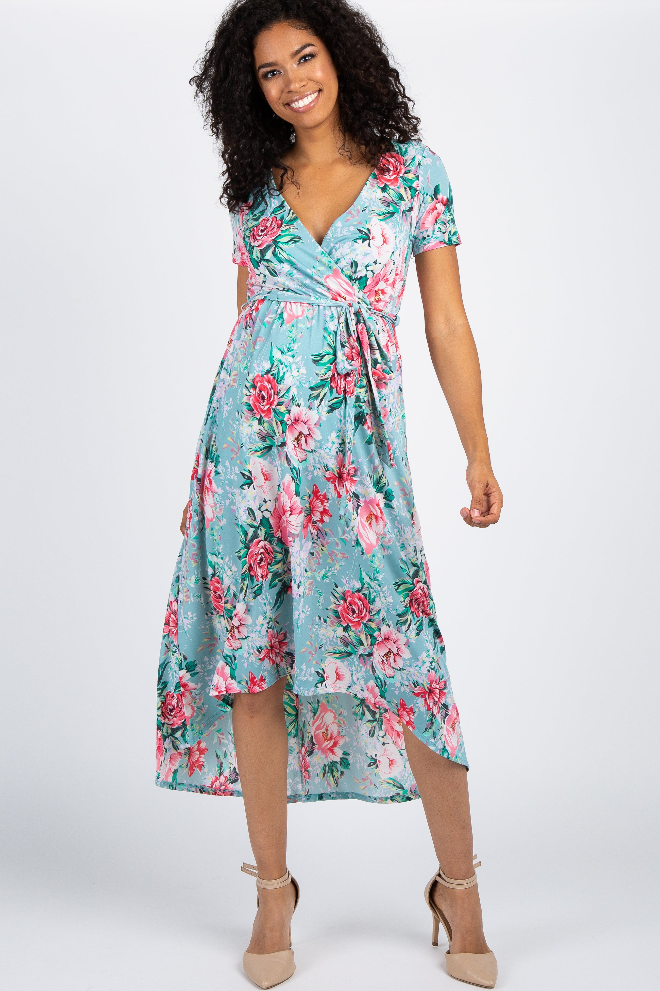 Mint Floral Hi-Low Wrap Maternity Dress ...